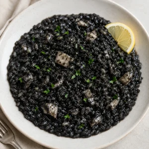 白い丸皿いっぱいに黒いイカ墨リゾットを盛り、甲イカの角切りとレモンを添えた料理