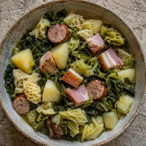 大きな鉢に盛ったケール、キャベツ、じゃがいも、パンチェタ、燻製ソーセージの煮込み