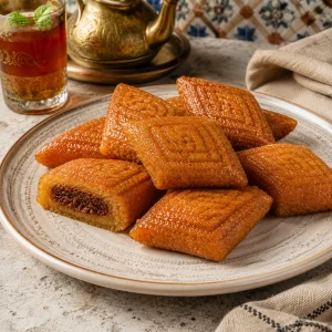蜂蜜で艶の出た菱形マクルードとデーツ餡が見える切り口