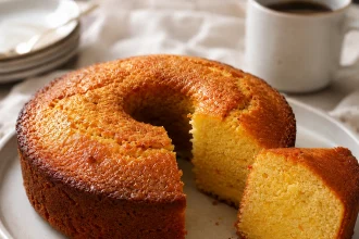 黄金色のリングケーキから一切れを外しオレンジの皮、細かな屑、コーヒーを添えた白い皿