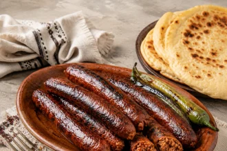 土器の皿に盛った濃い焼き色のメルゲーズと、切り口の粗い羊肉