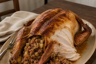 栗とりんごの詰め物を添え、胸肉を切り分けた黄金色のローストターキー