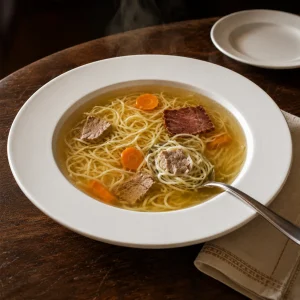 仔牛と燻製肉のスープの正方形構図の完成写真