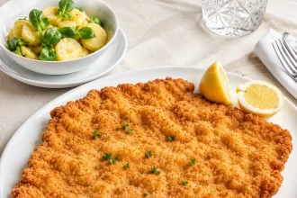 白い皿いっぱいに広がる金色の仔牛カツレツ、レモン、奥のポテトサラダ