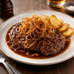 濃い玉ねぎソースの牛肉に細い揚げ玉ねぎを重ね、焼きじゃがいもを添えた料理