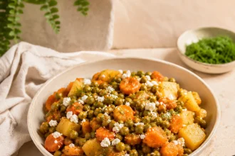 緑のグリーンピース、じゃがいも、にんじんをトマトソースで煮て、フェタとディルを散らした料理。