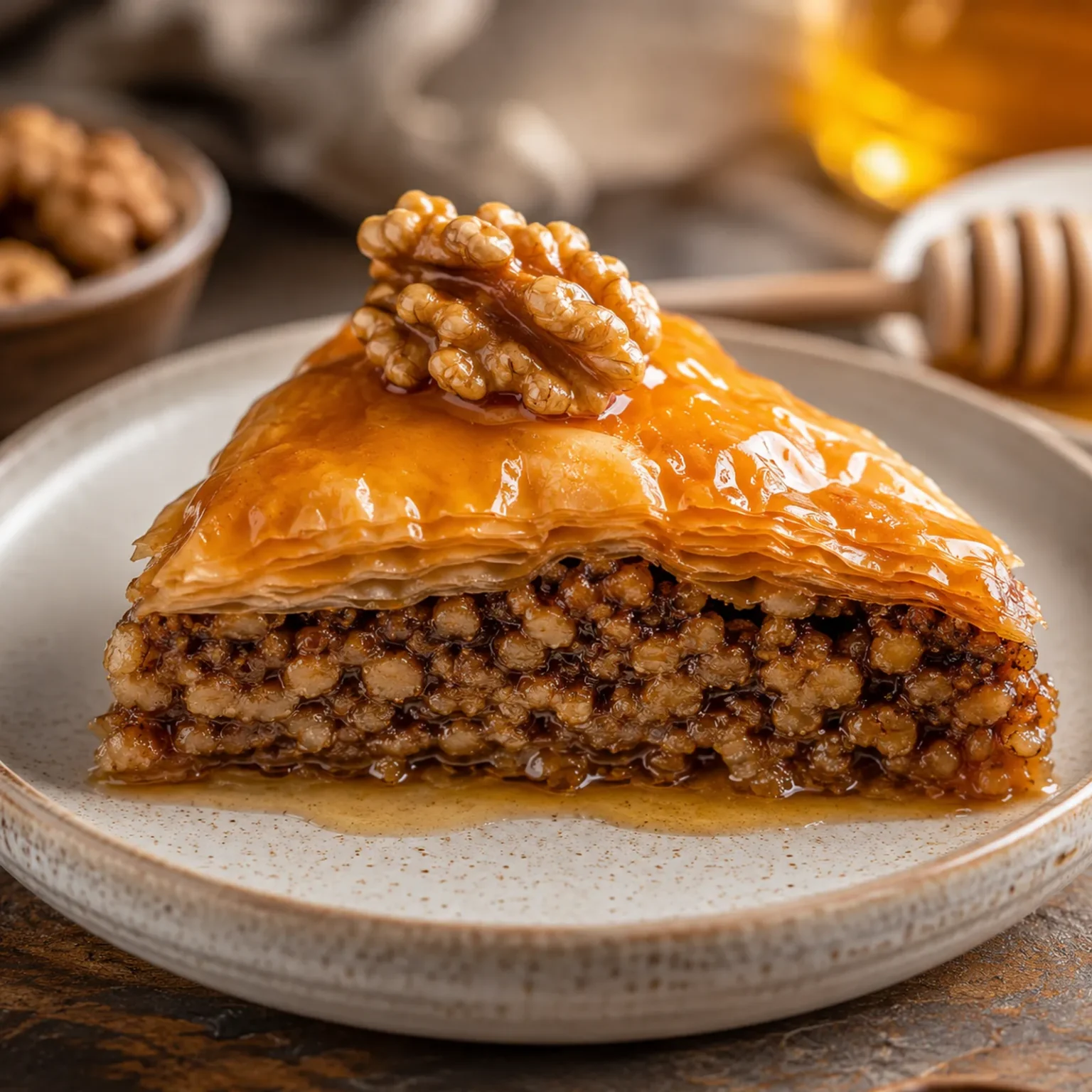 クリーム色の皿に置いた三角形のくるみバクラヴァ。金色のフィロ層、粗いくるみ、表面のくるみ半粒が見える。