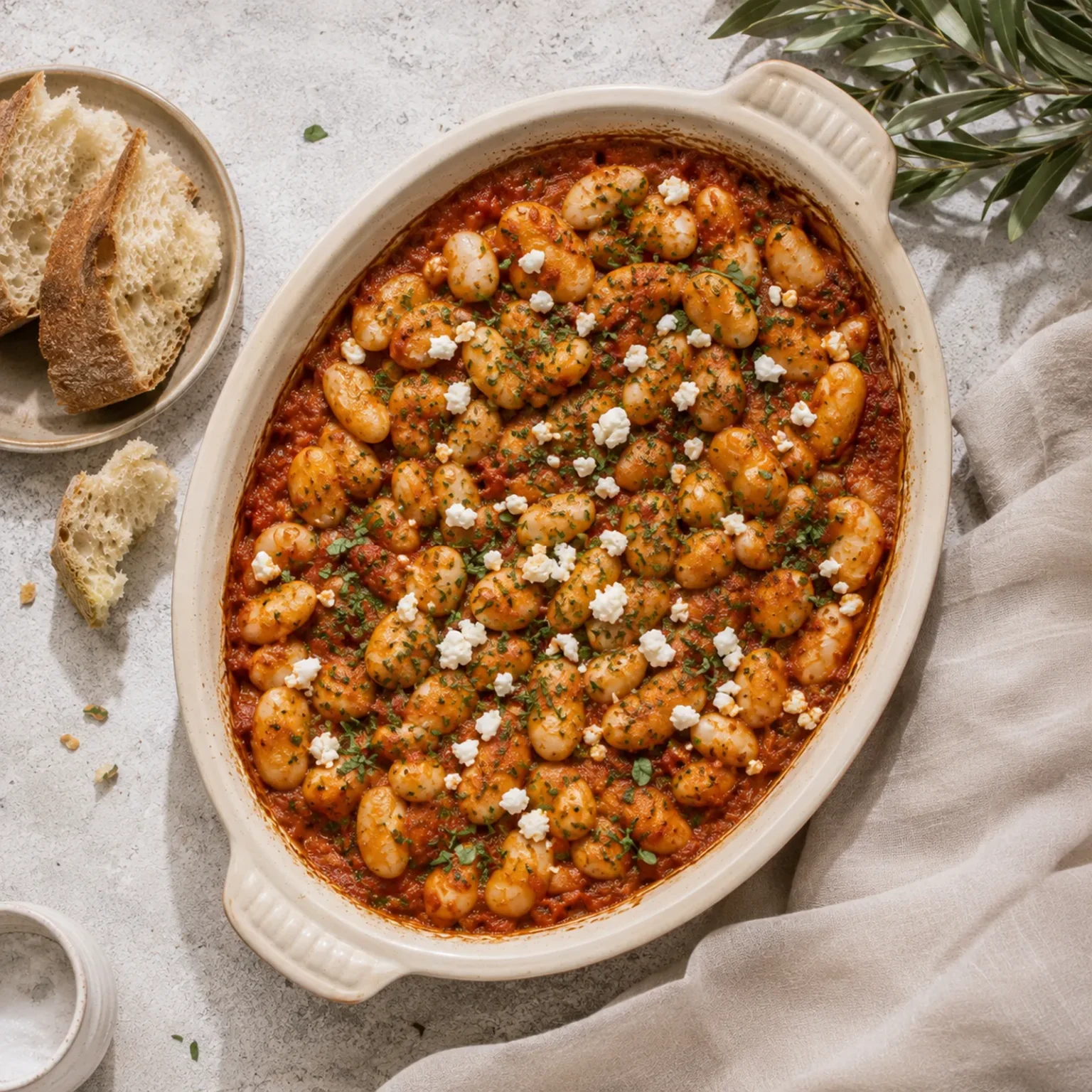 真上から撮った正方形の写真には、楕円形の焼き皿に入った大粒豆のトマト煮、崩したフェタ、刻んだハーブ、パン、オリーブの枝が写っています。