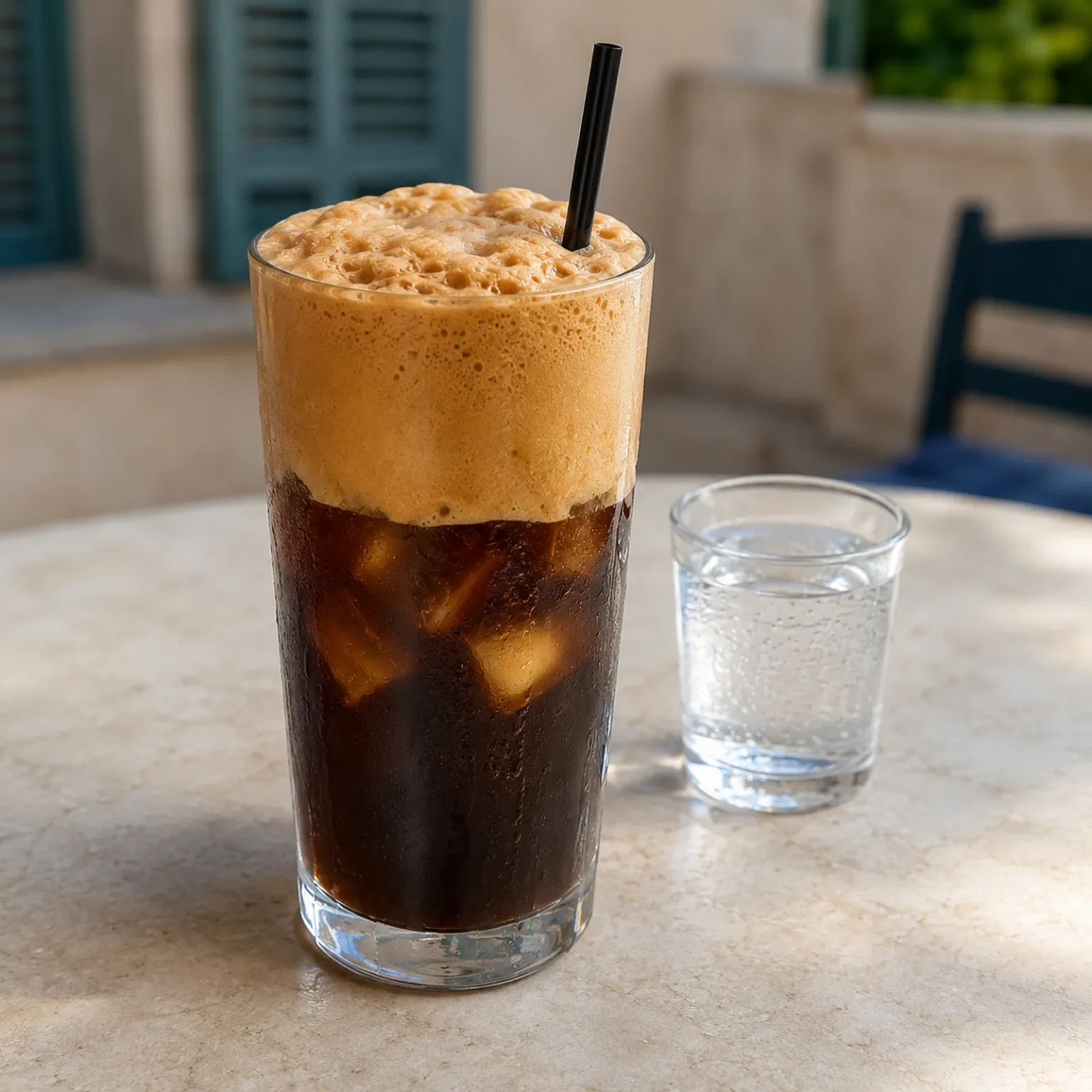 背の高いグラスに濃いギリシャ・フラッペが入り、上部に厚い褐色の泡とストローが見える。