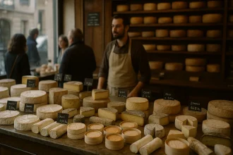 パリのフロマジュリーでフランス産チーズが並ぶカウンターに立つチーズ職人