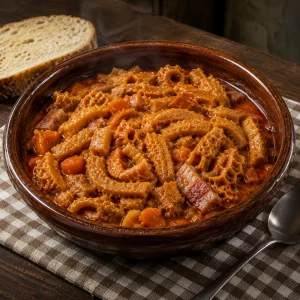 파프리카 소스에 소 위와 베이컨이 가득 담긴 갈색 도기 그릇