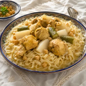 무늬 접시에 담긴 레슈타 면과 닭고기 순무 애호박 병아리콩