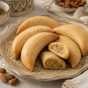 무늬 접시에 쌓인 초승달 차렉과 아몬드 소가 보이는 절단면
