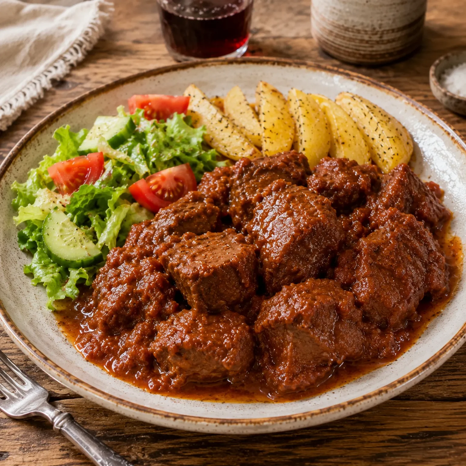 정사각형 화면에 토마토 레드와인 소스의 소고기 스튜와 당근 조각이 담겨 있다