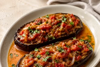진한 껍질의 가지 두 조각에 양파와 토마토 소를 채우고 다진 파슬리를 뿌린 모습