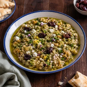 거칠게 다진 구운 가지 딥 위에 흰 페타 치즈