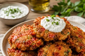 붉은 토마토 조각과 초록 허브가 보이는 토마토케프테데스 더미와 위에 얹은 흰 요거트