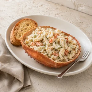 Adriatische zeekrab gevuld met fijn krabvlees en peterselie op een wit bord met geroosterd brood