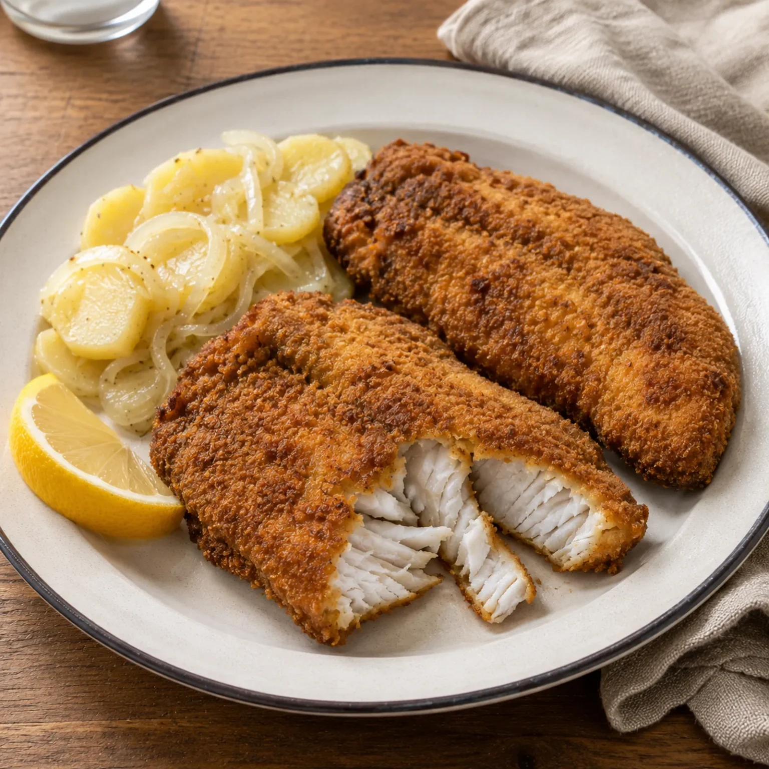 Twee krokant gepaneerde karperfilets met aardappelsalade
