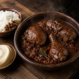Donkere cabidela angolana met kipstukken
