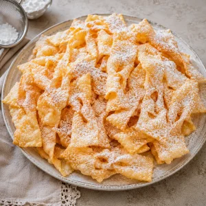 Gedraaide Kroatische kroštule met poedersuiker op een lichte schaal naast citrusschil