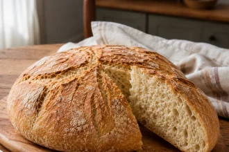 Ronde Kroatische pogača met ingesneden goudbruine korst en een afgesneden stuk op een houten plank