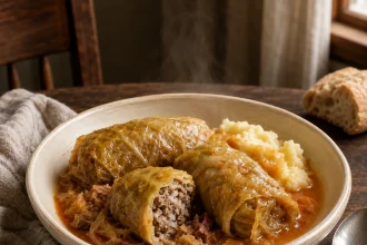 Kroatische sarma in een lichte kom met drie zuurkoolrollen