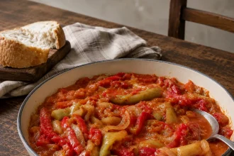 Kroatische sataraš met rode en groene paprika