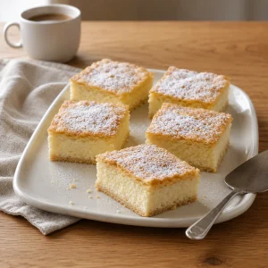 Vijf vierkante stukken Kroatische zoete kaastaart met poedersuiker op een witte schaal naast koffie