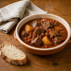 Vierkante close-up van Kroatische wijngoulash met rundvlees en aardappelstukken in rode saus