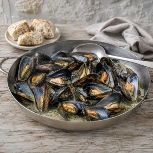 Vierkante opname van geopende mosselen in witte buzara in een metalen pan met brood op de achtergrond