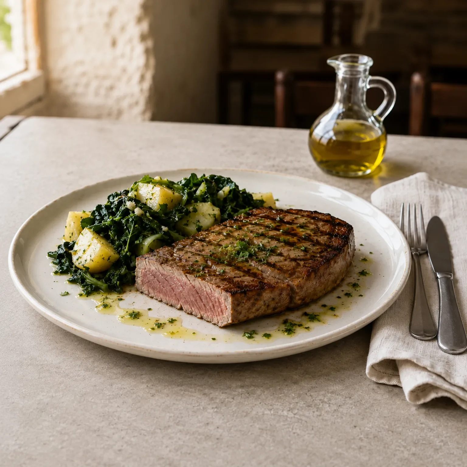 Vierkante foto van gegrilde tonijnsteak met roze kern