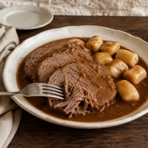 Vierkante close-up van plakjes zachte lams-pašticada in donkere saus met aardappelgnocchi op een crèmekleurig bord