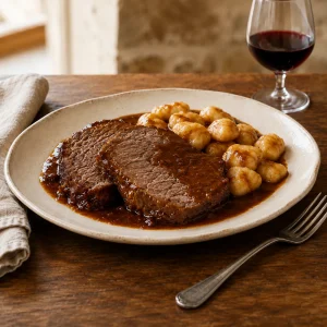 Dikke plakken pašticada in donkere saus met aardappelnjoki en een glas rode wijn
