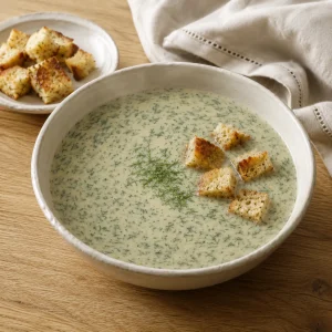 Lichtgroene romige dillesoep met verse dille en goudbruine croutons in een witte kom