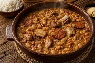 Vierkante kom Feijoada Angolana met gemengde bonen