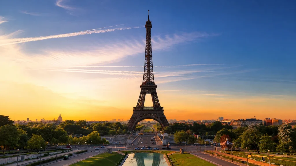Eiffeltoren boven de tuinen van Trocadéro bij zonsondergang in Parijs