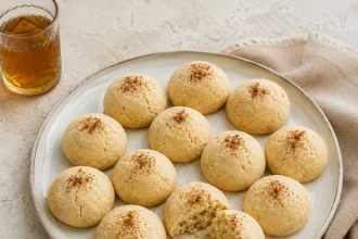 Bleke ronde Ghribia-koekjes met fijne scheurtjes en kaneel op een licht bord