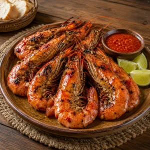 Vierkante foto van grote gegrilde Ginga garnalen met donkere grillstrepen
