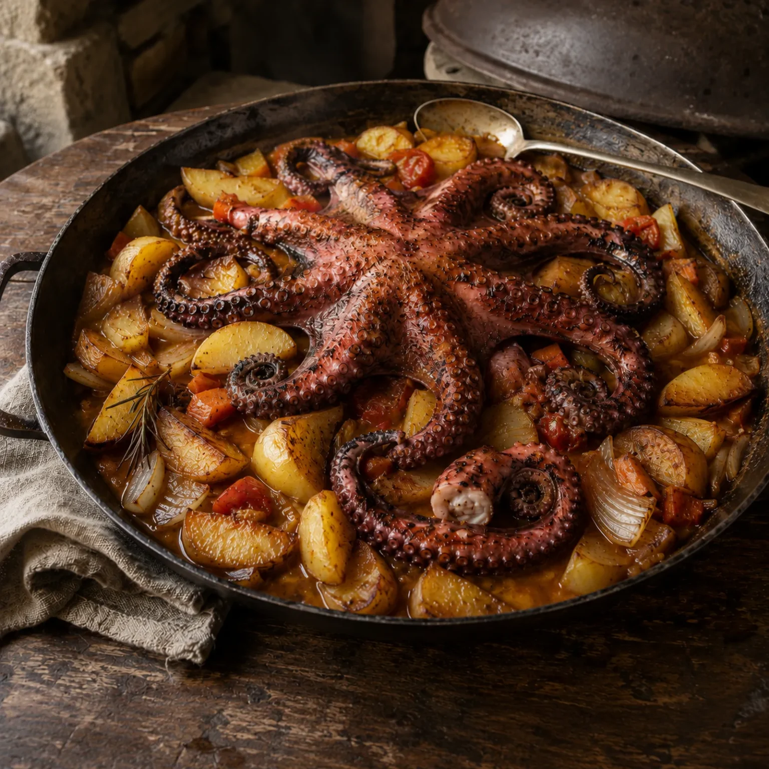 Vierkante foto van een hele geroosterde octopus met gekrulde tentakels boven aardappelen