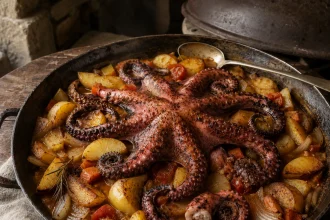 Vierkante foto van een hele geroosterde octopus met gekrulde tentakels boven aardappelen