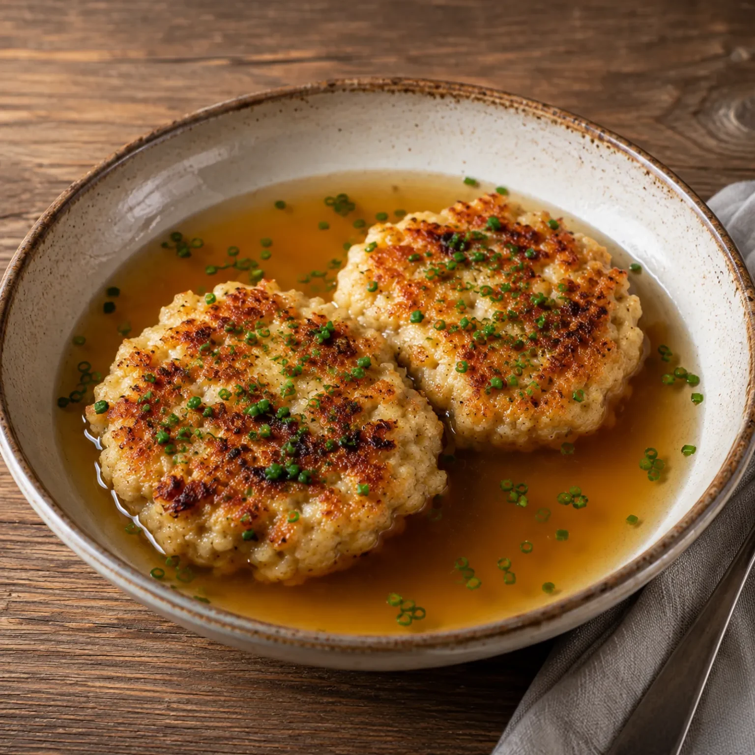 Twee goudbruine Kaspressknödel met bieslook in heldere bouillon in een aardewerken kom