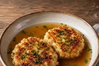 Twee goudbruine Kaspressknödel met bieslook in heldere bouillon in een aardewerken kom