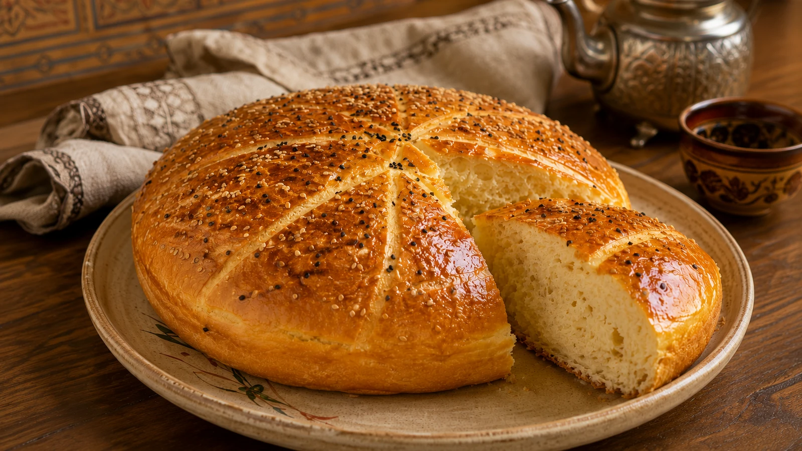 Breed beeld van rond Khobz el-Dâr met glanzende korst, sesam, nigella, uitgesneden wig en metalen theepot