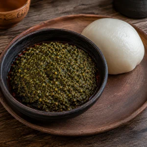 Vierkante kom Kizaca met donkergroen cassaveblad en pindasaus naast een gladde witte bol funje