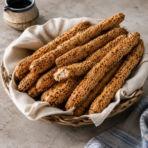 Mandje met Griekse sesam kritsinia broodstengels