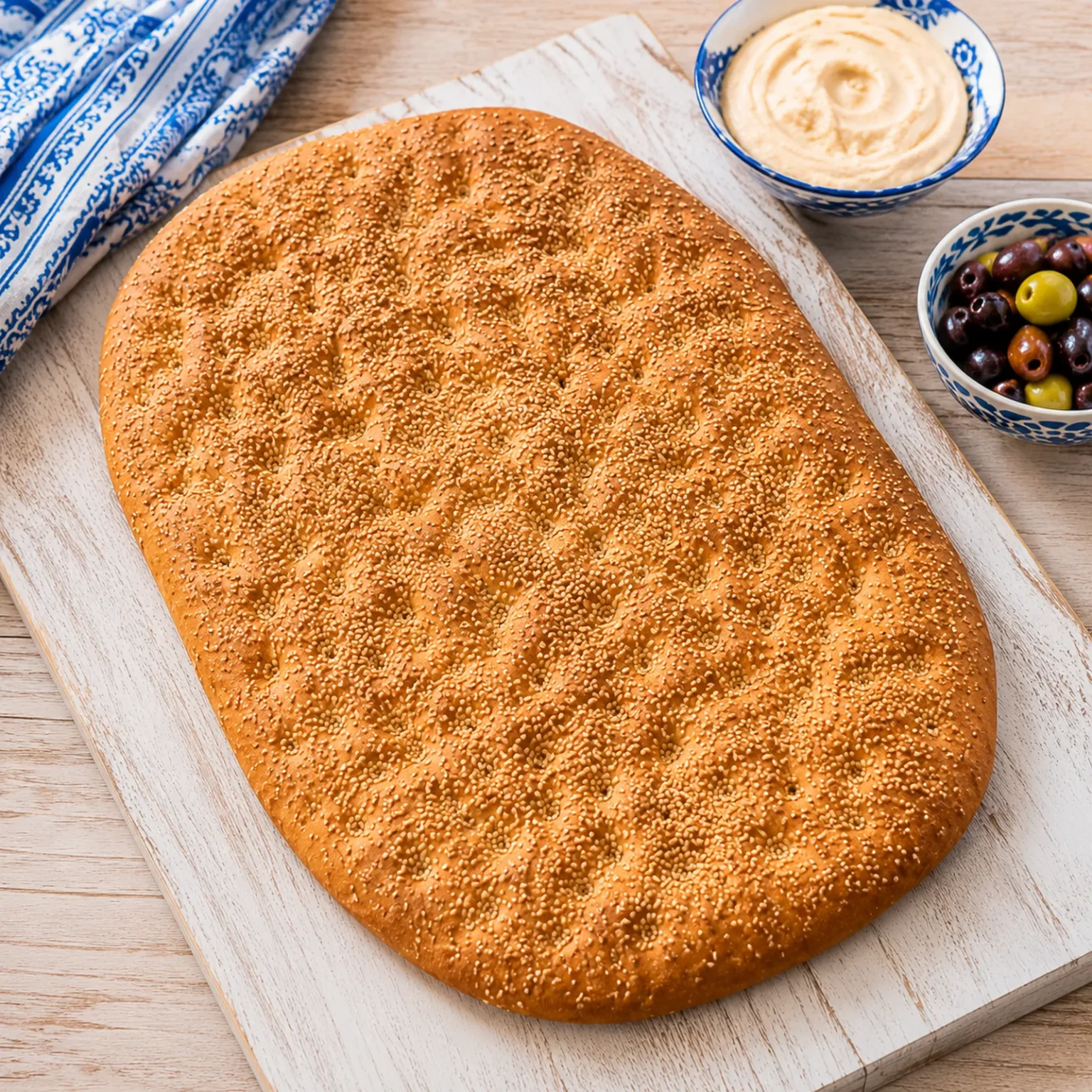 Ovaal Grieks lagana platbrood belegd met sesam