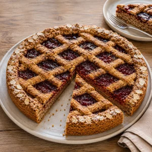 Aangesneden Linzer Torte met hazelnootraster