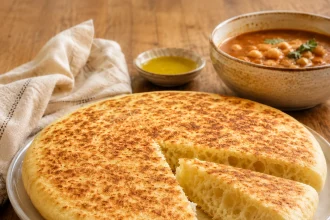 Rond matlouhbrood met gevlekte goudbruine korst