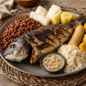 Hele gegrilde vis met palmoliebonen